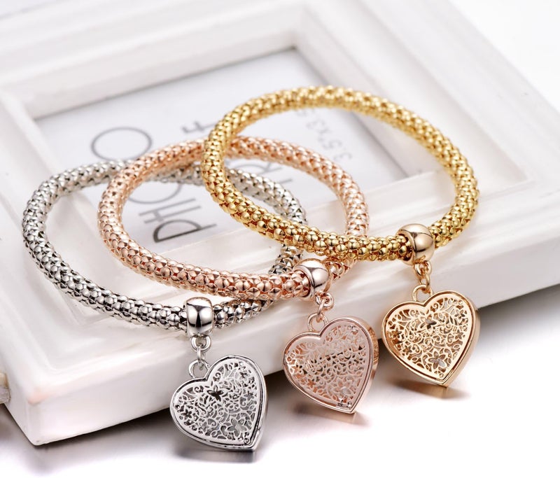 SILANER Crystal Charms Multilayer Bracelets - 3PCS Gold/Silver/Rose Gold Corn Chain Bracelet for Women, Tree of Life Heart Shaped Stretch Bracelet - Image 4